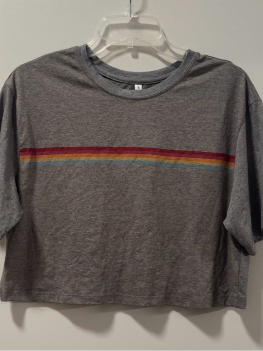 Fabletics Gray Cropped Tee with Rainbow Chest Stripe
